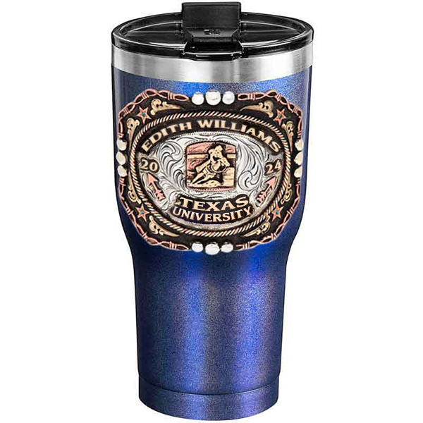 A customized tumbler made of stainless steel with a personalized engraved name and Texas University lettering with barrel racing figure, 30 oz, ideal for coffee or cool drinks